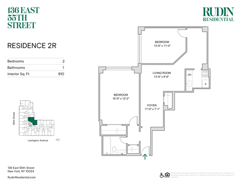 Floor plan for 2 beds, 1 bath, 910 sqft